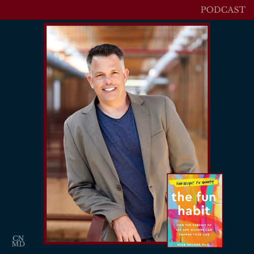 Mike Rucker headshot with photo of his book the fun habit for a podcast episode with Chadi Nabhan